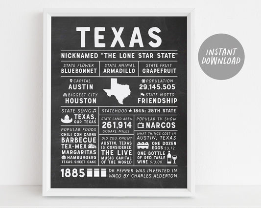 Texas State Wall Art Sign Poster Infographic, Chalkboard Texas Map, Austin Houston, US States, Men's Gift, State Facts, Housewarming Gift