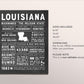 Louisiana State Wall Art Sign Poster Infographic, Chalkboard Louisiana Map, New Orleans, US States, State Facts, Going Away Gifts for Men