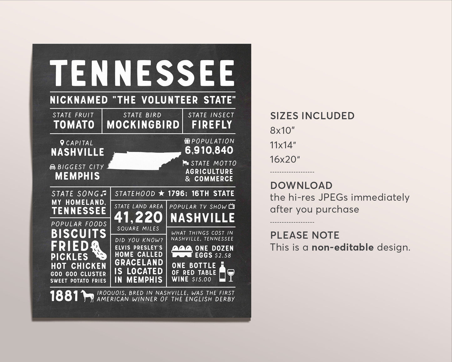 Tennessee State Wall Art Sign Poster Infographic, Chalkboard Tennessee Map, Nashville Memphis, US States, State Facts, Hometown Gifts