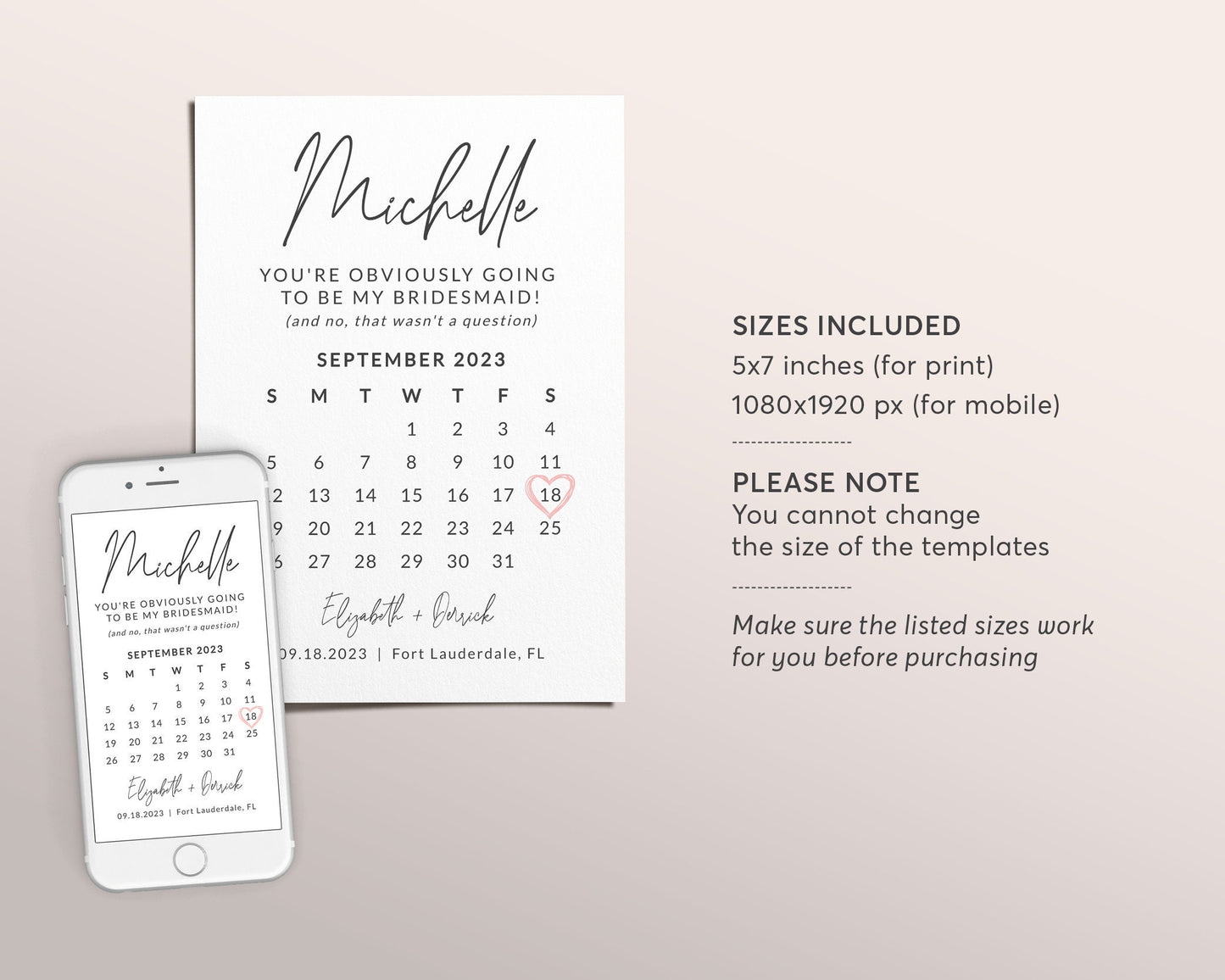 Bridesmaid Calendar Proposal Card Editable Template, Funny Maid Of Honor Proposal, Will You Be My Bridesmaid, Minimalist Save The Date
