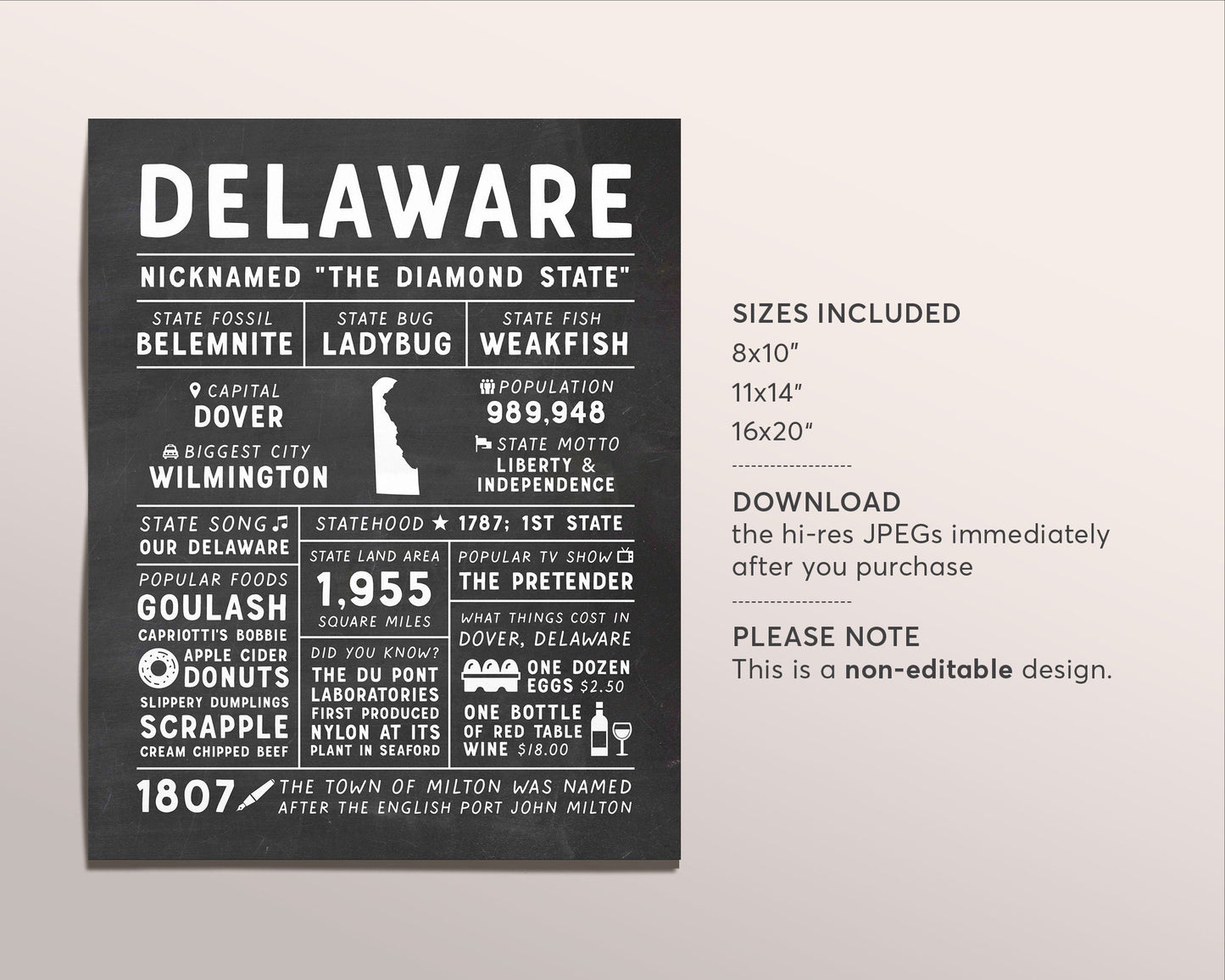 Delaware State Wall Art Sign Poster Infographic, Chalkboard Delaware Map, Wilmington Dover, US States, State Facts, Gifts For Men Friend Dad