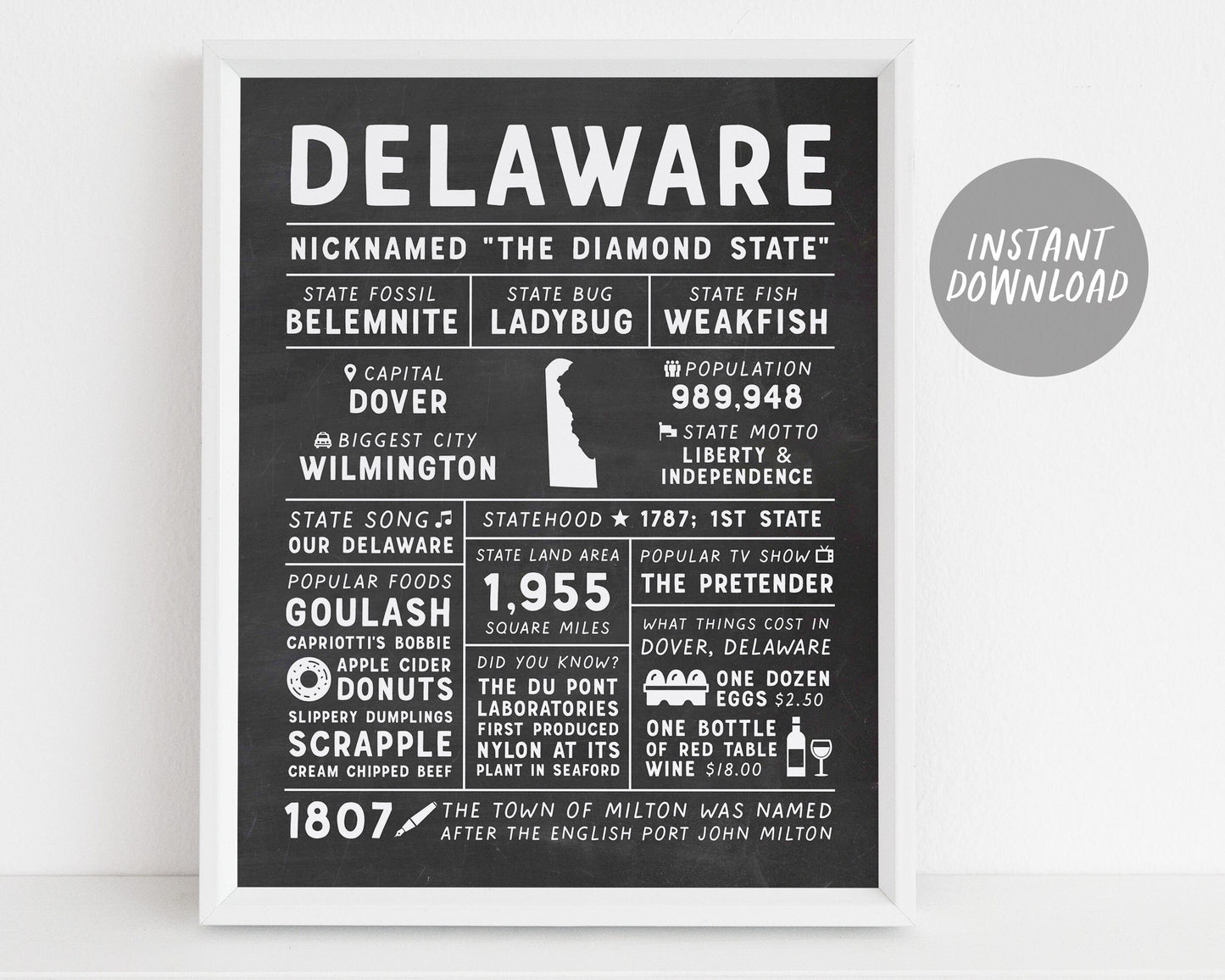 Delaware State Wall Art Sign Poster Infographic, Chalkboard Delaware Map, Wilmington Dover, US States, State Facts, Gifts For Men Friend Dad