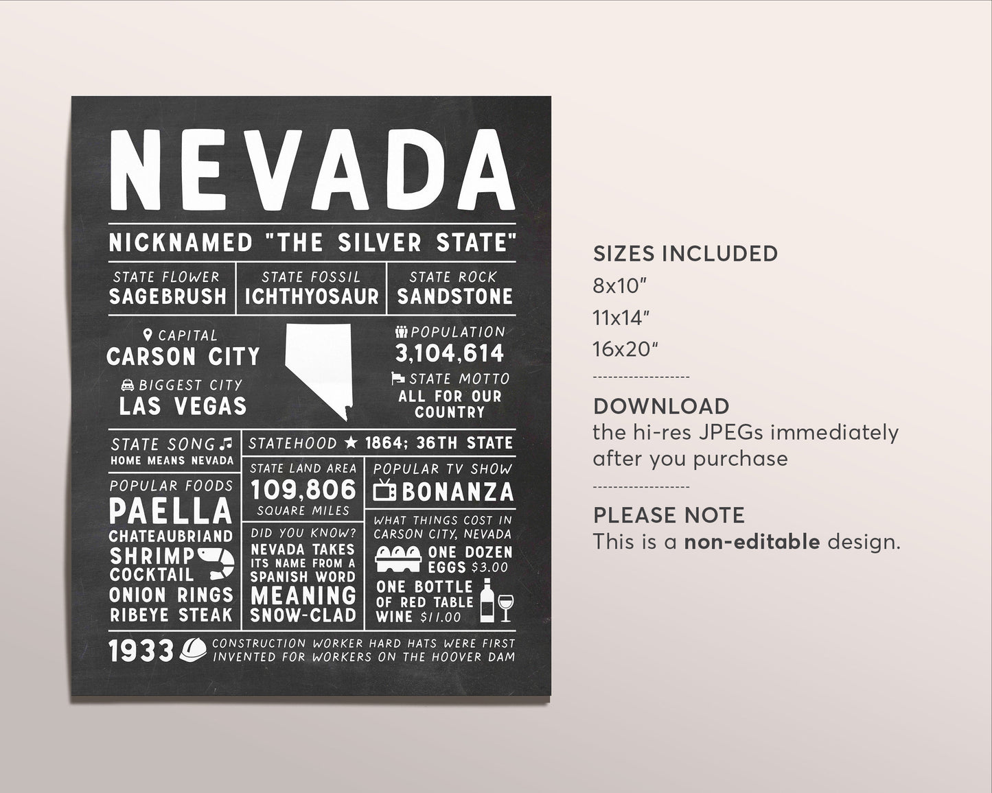 Nevada State Wall Art Sign Poster Infographic, Chalkboard Nevada Map, Las Vegas, US States, State Facts, Friend Moving Going Away Gifts