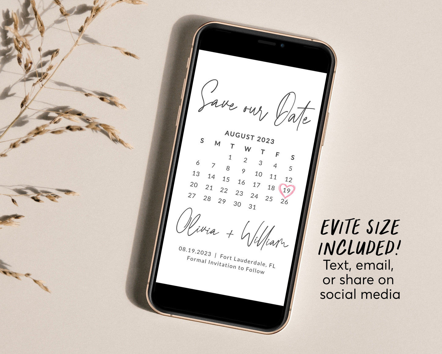 Calendar Save the Date Editable Template, Modern Simple Minimalistic Modern Invitation, Heart Marker Save Our Date Invite Printable