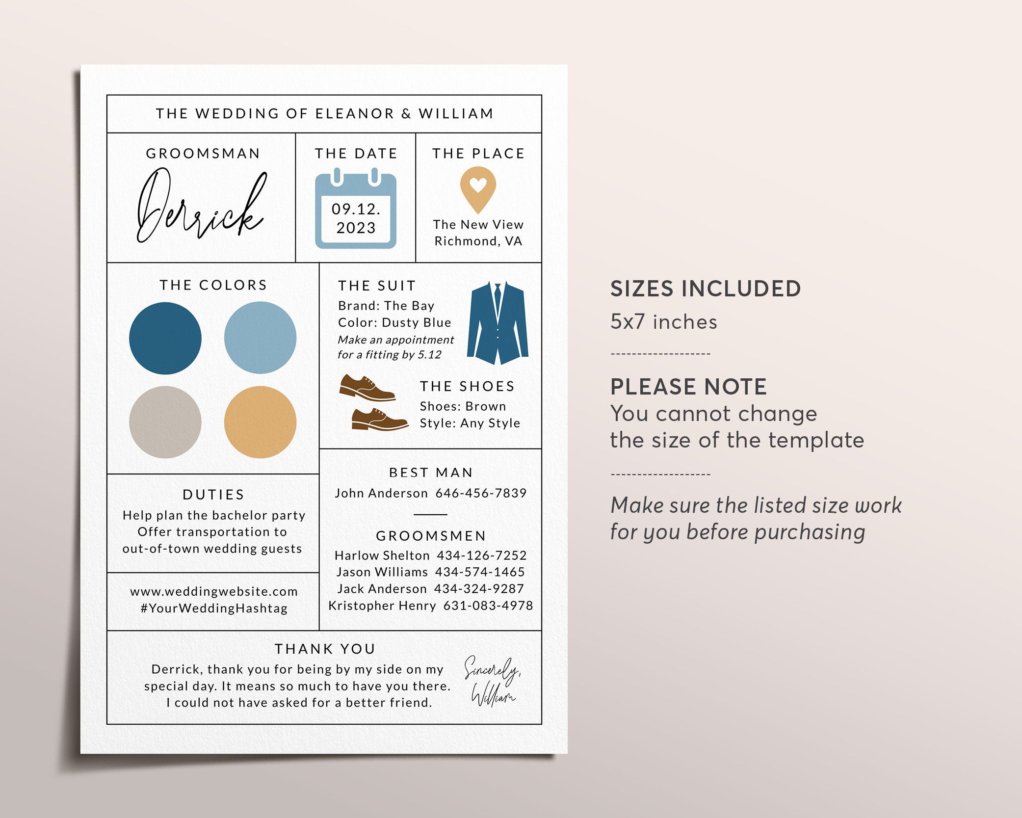 Groomsman Info Card Editable Template, Groomsmen Expectations Info Proposal  Card, Best Man Information Card, Minimalist Modern Infographic