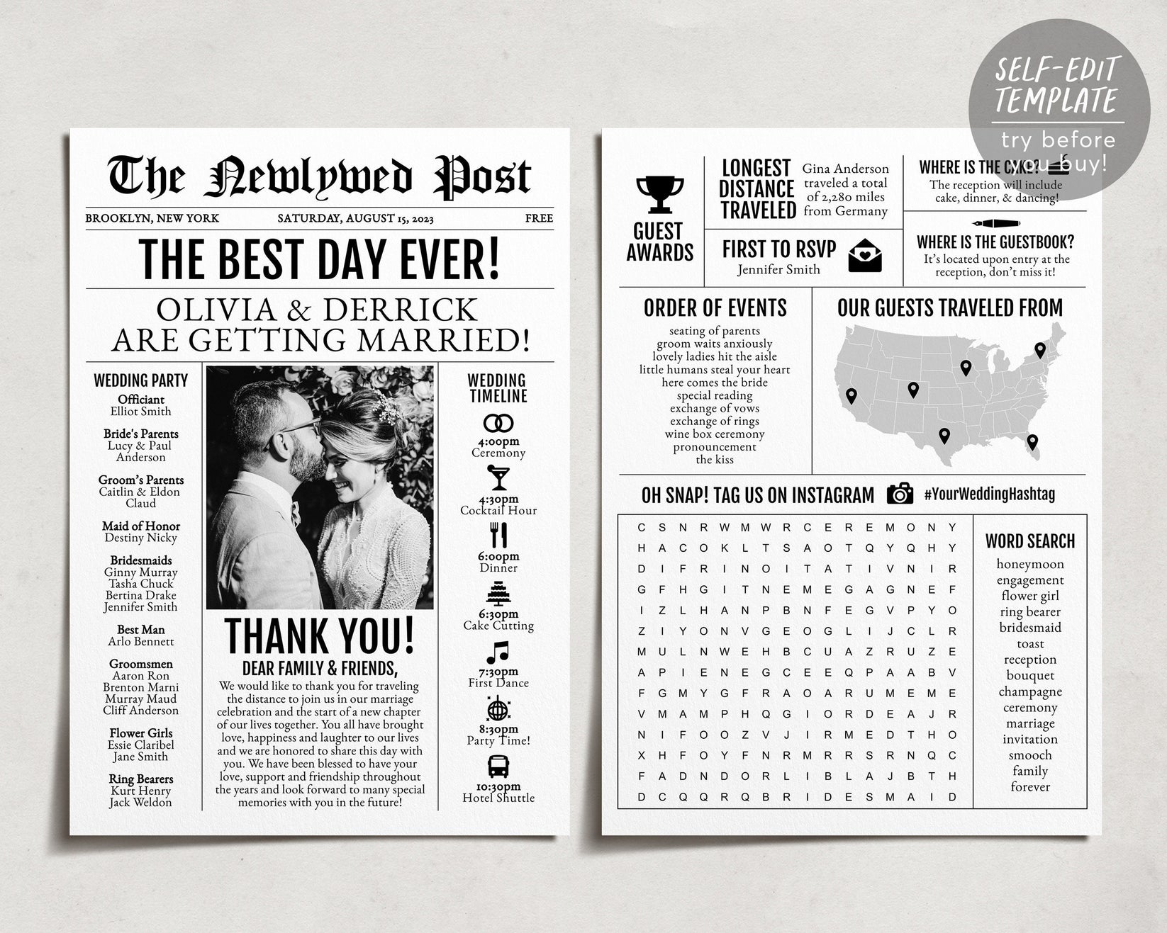 Mini 5x7 Newspaper Wedding Program Template, Editable Timeline Printab ...
