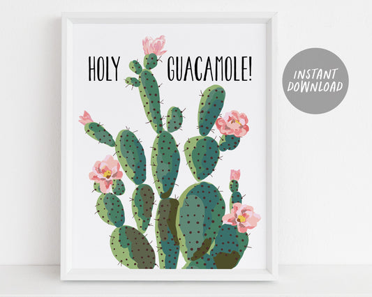 Holy Guacamole, Funny Humorous Succulent Wreath Print, Botanical Cactus Cacti Mexico Mexican Boho Bohemian Plant Wall Art Decor