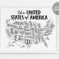 United States Of America Map, USA Map Wall Art for School Homeschool Classroom Decor Nursery Kids Room, Typography USA Map Coloring Page