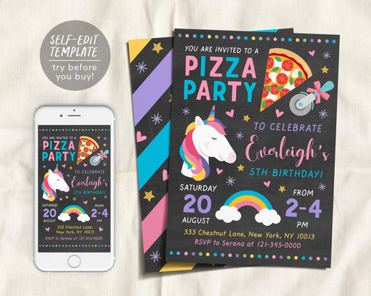 Editable Unicorn Pizza Birthday Party Invitation Template, Chalkboard Pizzeria Unicorn Evite, Rainbow Party Invite Girl Teen Tween Printable