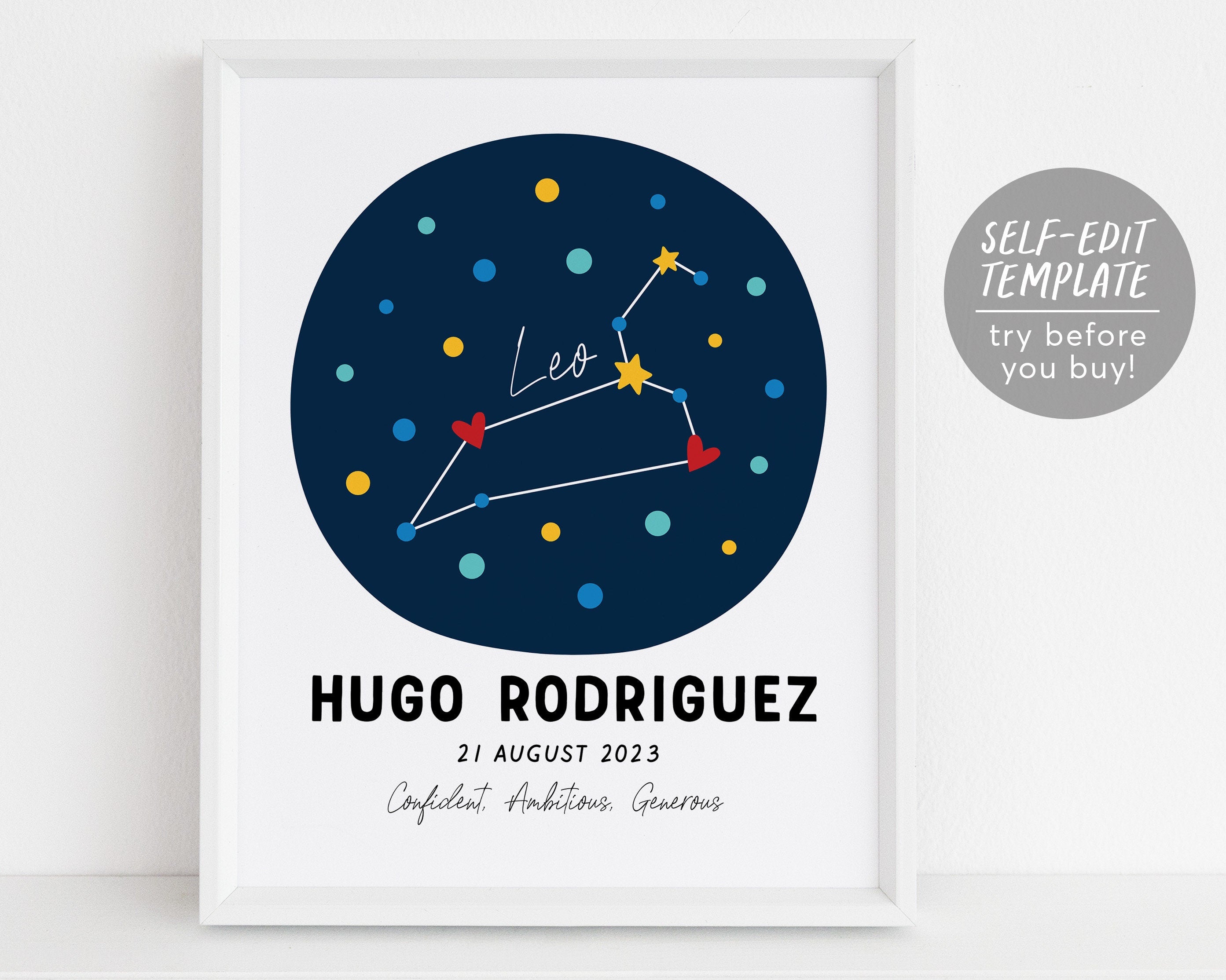 Leo Zodiac New Baby Gift Editable Template Astrological Star Sign Constellation Art Print Astrology Nursery Wall Decor Printable