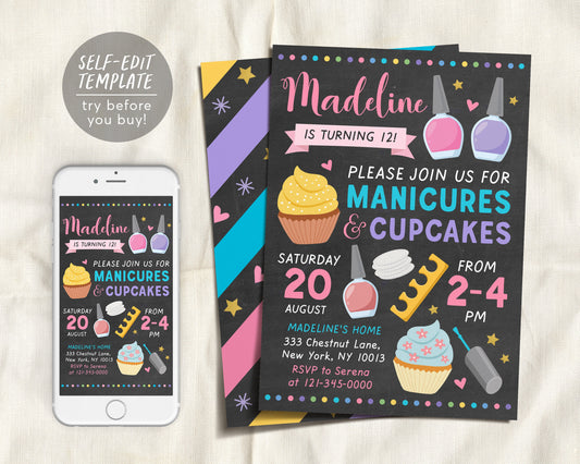 Manicures And Cupcakes Birthday Party Invitation Editable Template, Pedicures Mani Pedi Spa Day Chalkboard Invite, Girl Teen Tween Printable