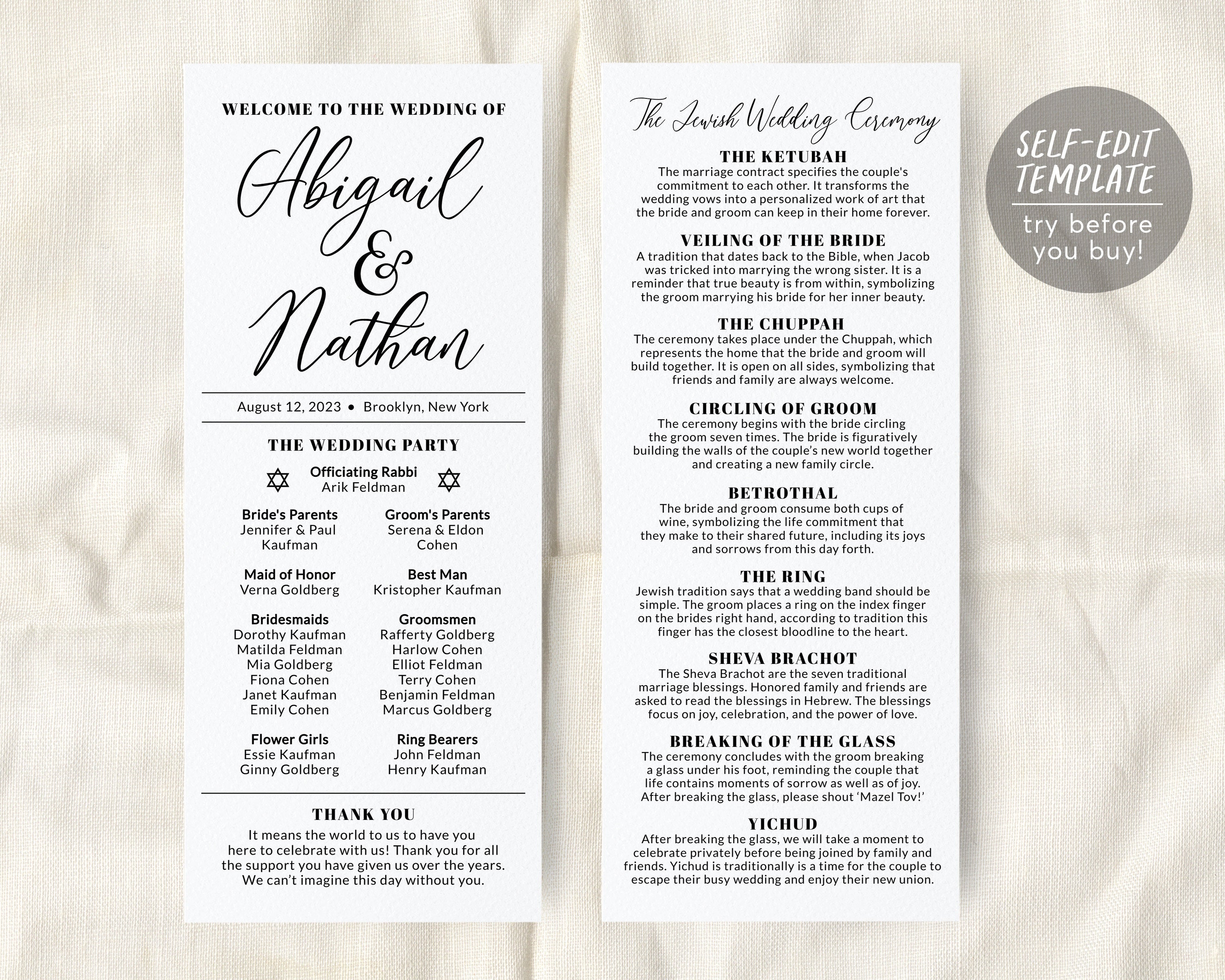 Jewish Wedding Program Template, Jewish Explanation, Judaica Minimal p ...