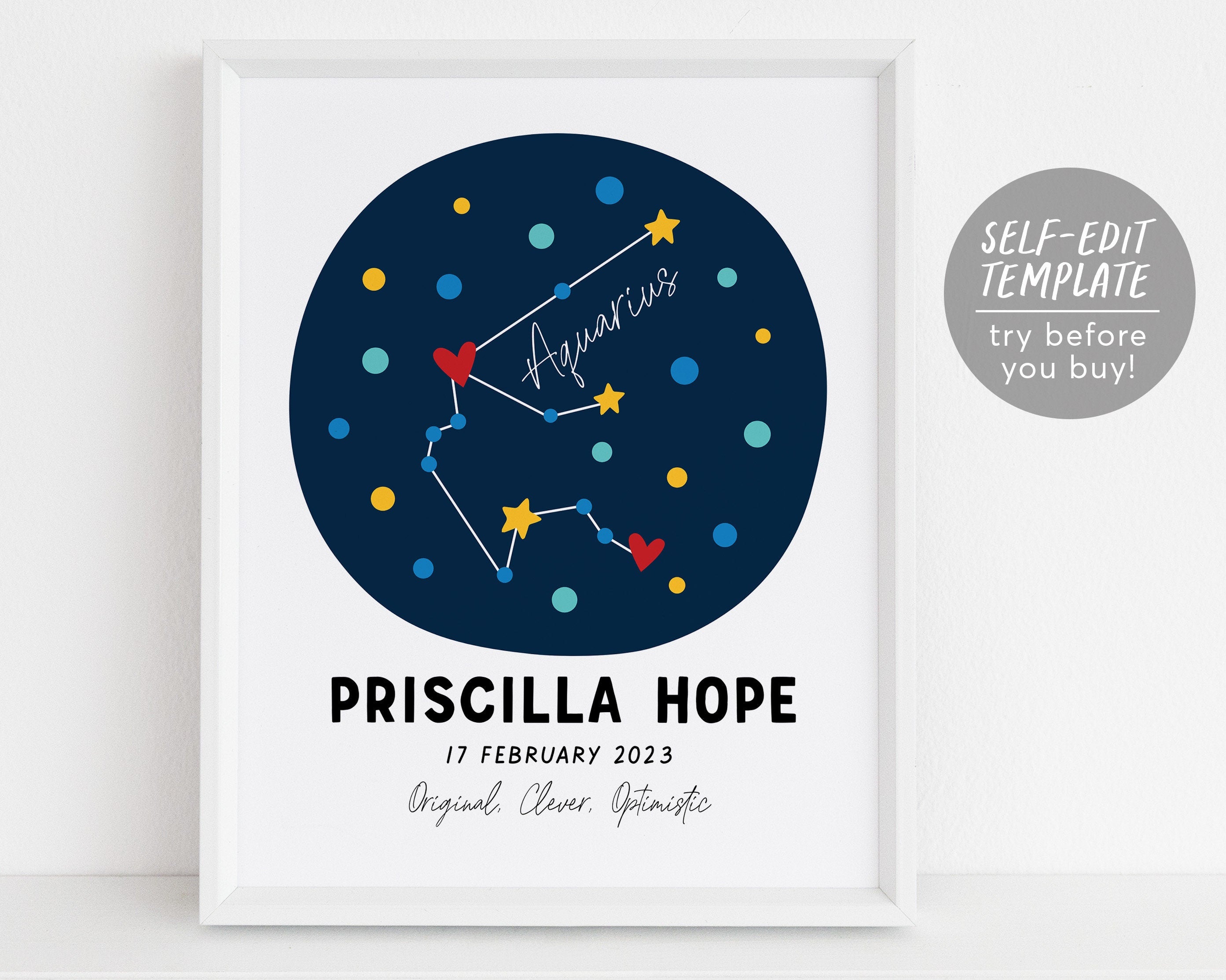 Aquarius Zodiac New Baby Gift Editable Template Astrological Star Sign Constellation Art Print Astrology Nursery Wall Decor Printable