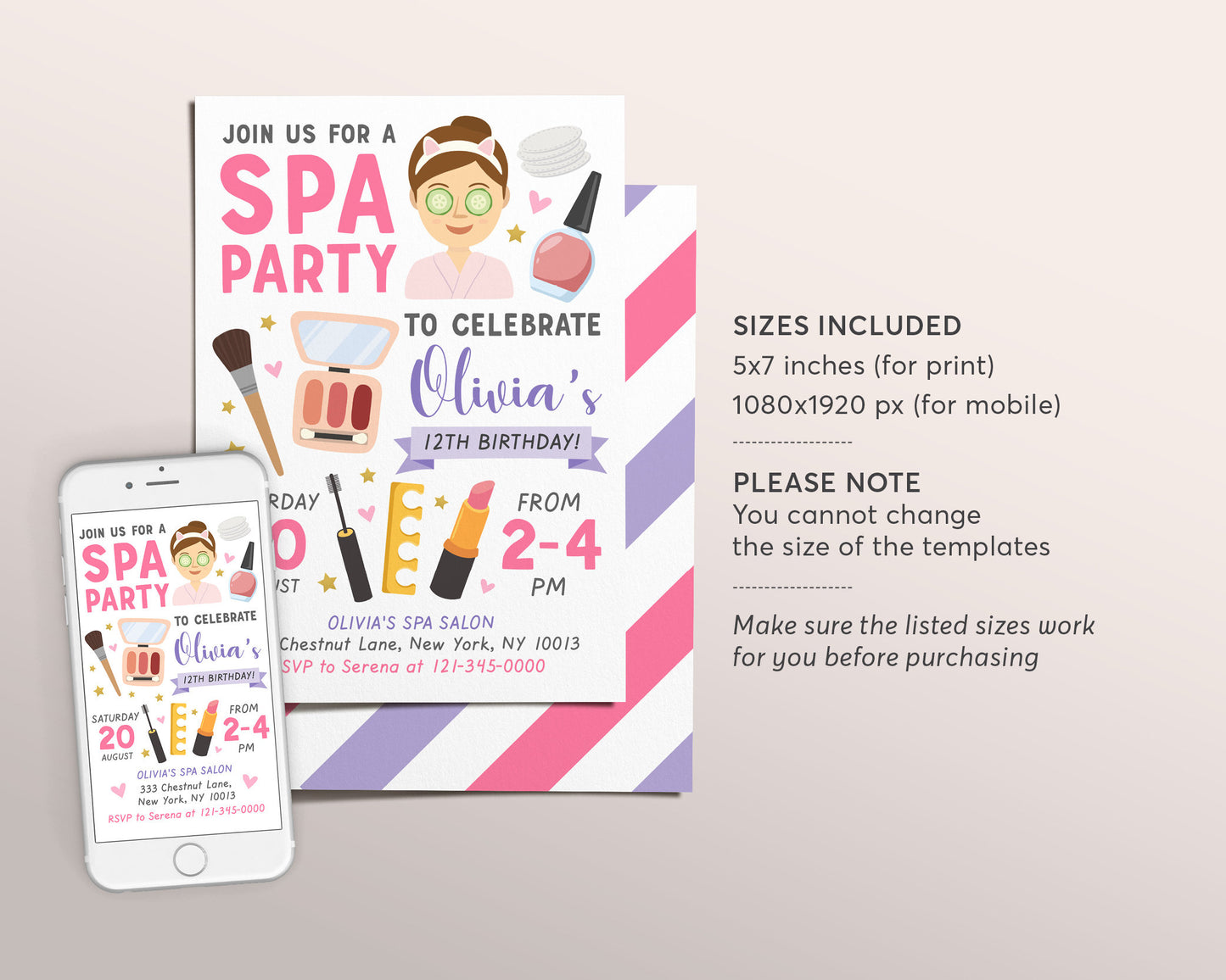 Spa Party Invitation Editable Template, Makeup Party Facial Mani Pedi Girls Spa Day Glam Makeup Nail Salon Birthday Invite, Tween Printable