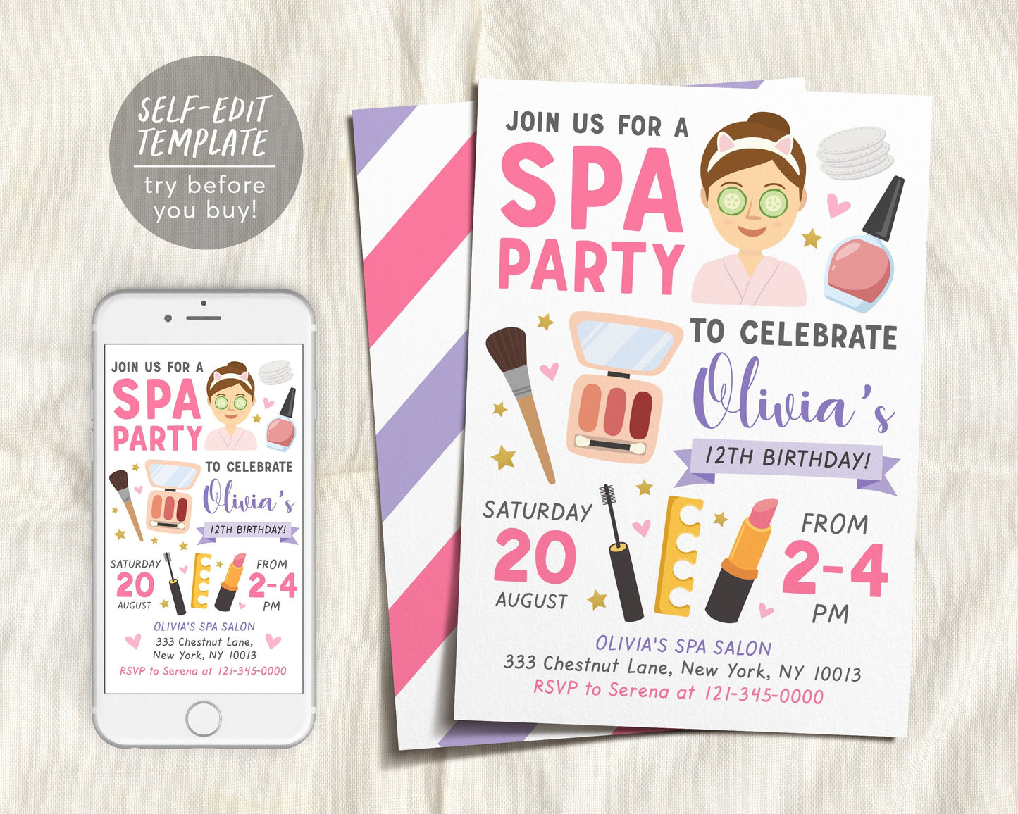 Spa Party Invitation Editable Template, Makeup Party Facial Mani Pedi Girls Spa Day Glam Makeup Nail Salon Birthday Invite, Tween Printable