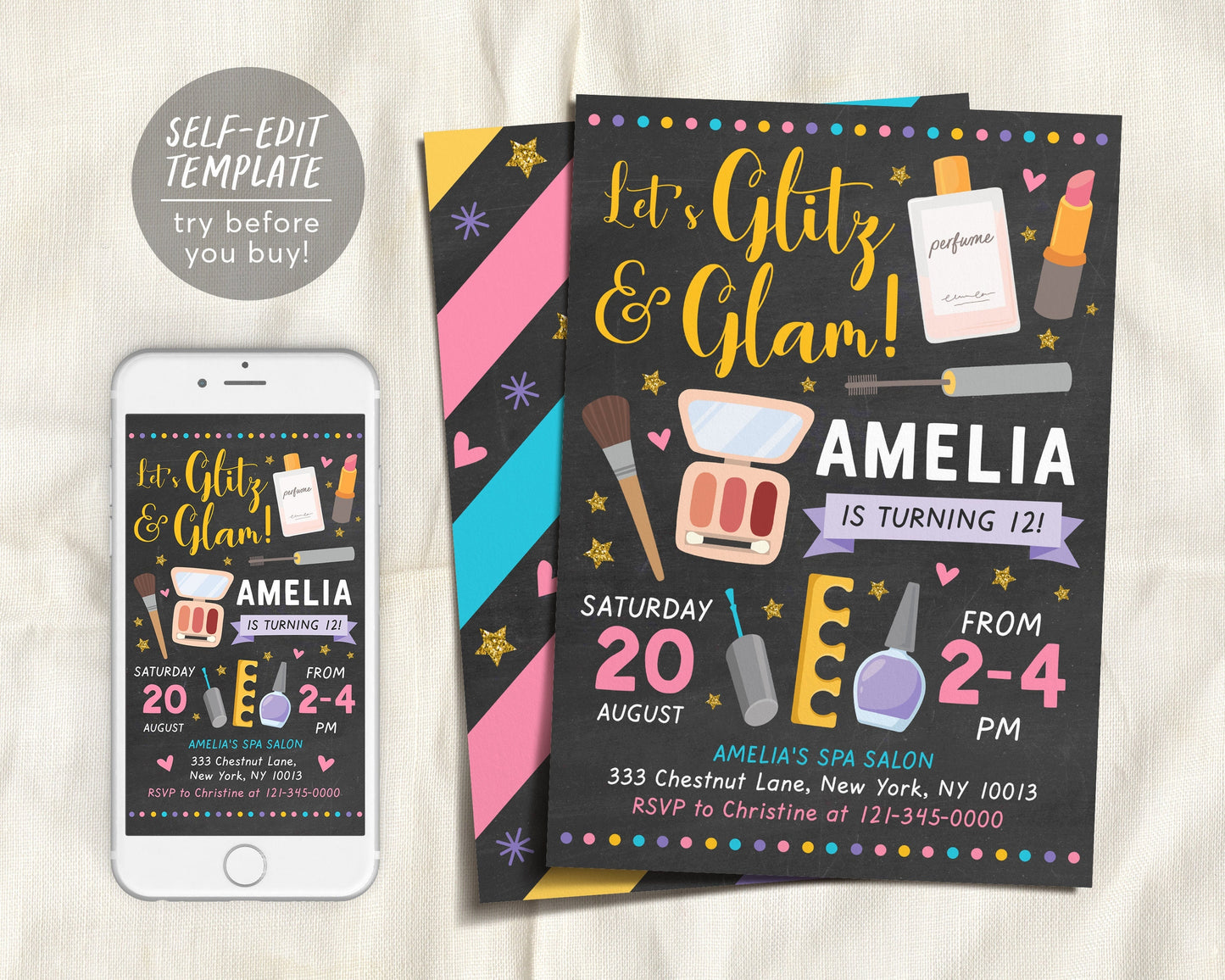 Editable Glitz and Glam Makeover Invitation Template, Glamour Makeup Pamper Party Birthday Invite, Spa Day, Manicure Pedicures, Girl Tween