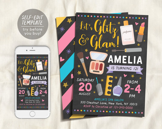 Editable Glitz and Glam Makeover Invitation Template, Glamour Makeup Pamper Party Birthday Invite, Spa Day, Manicure Pedicures, Girl Tween