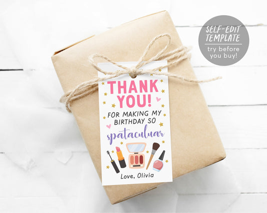Spa Makeup Thank You Tags Editable Template, Spa Birthday Party Favors Tags, Pamper Party Makeover Facial Girl Tweens Birthday Decor