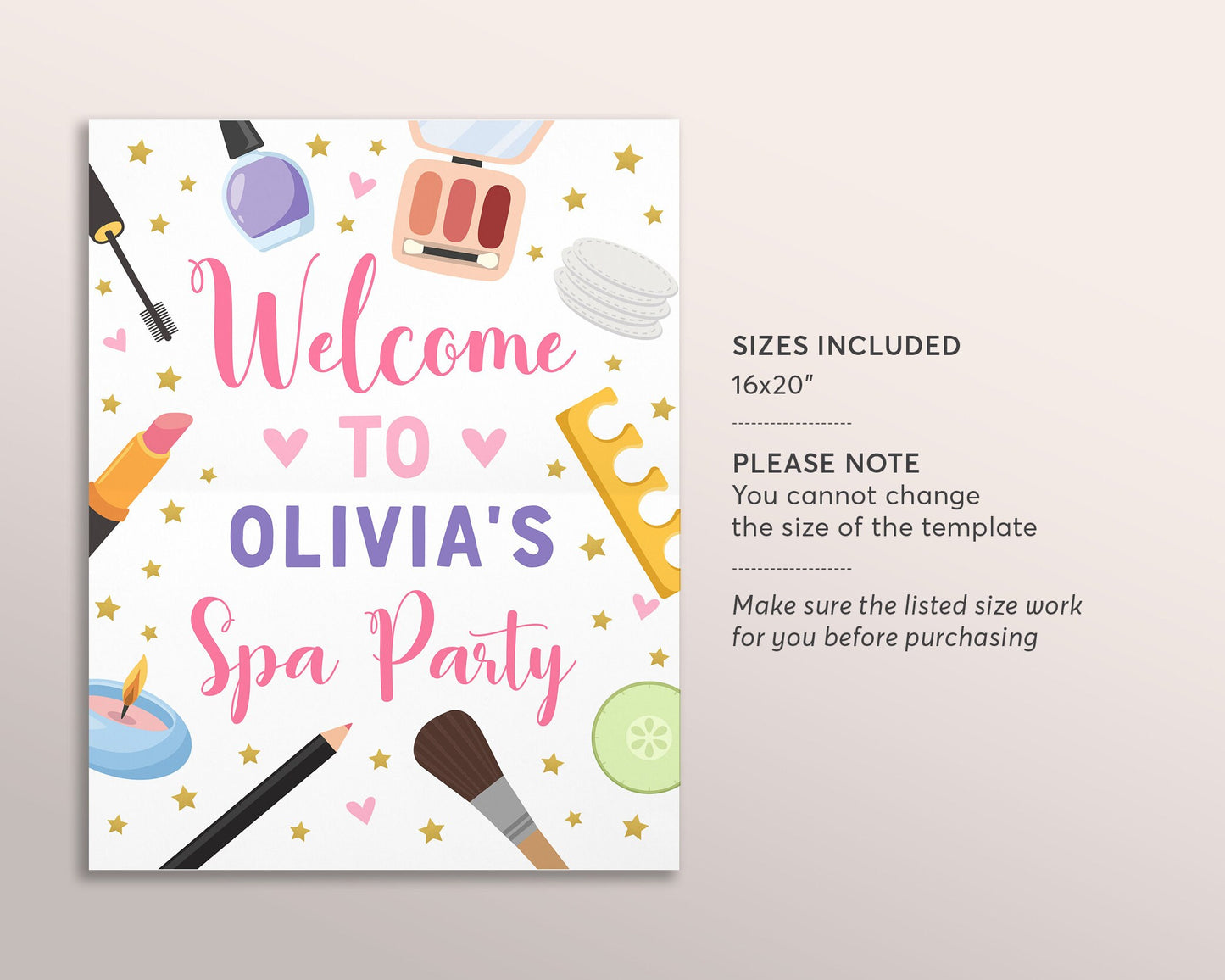 Editable Spa Party Birthday Welcome Sign Template, Pamper Party Poster, Glitz and Glam Glamour Makeover Decor Decorations, Tween Party