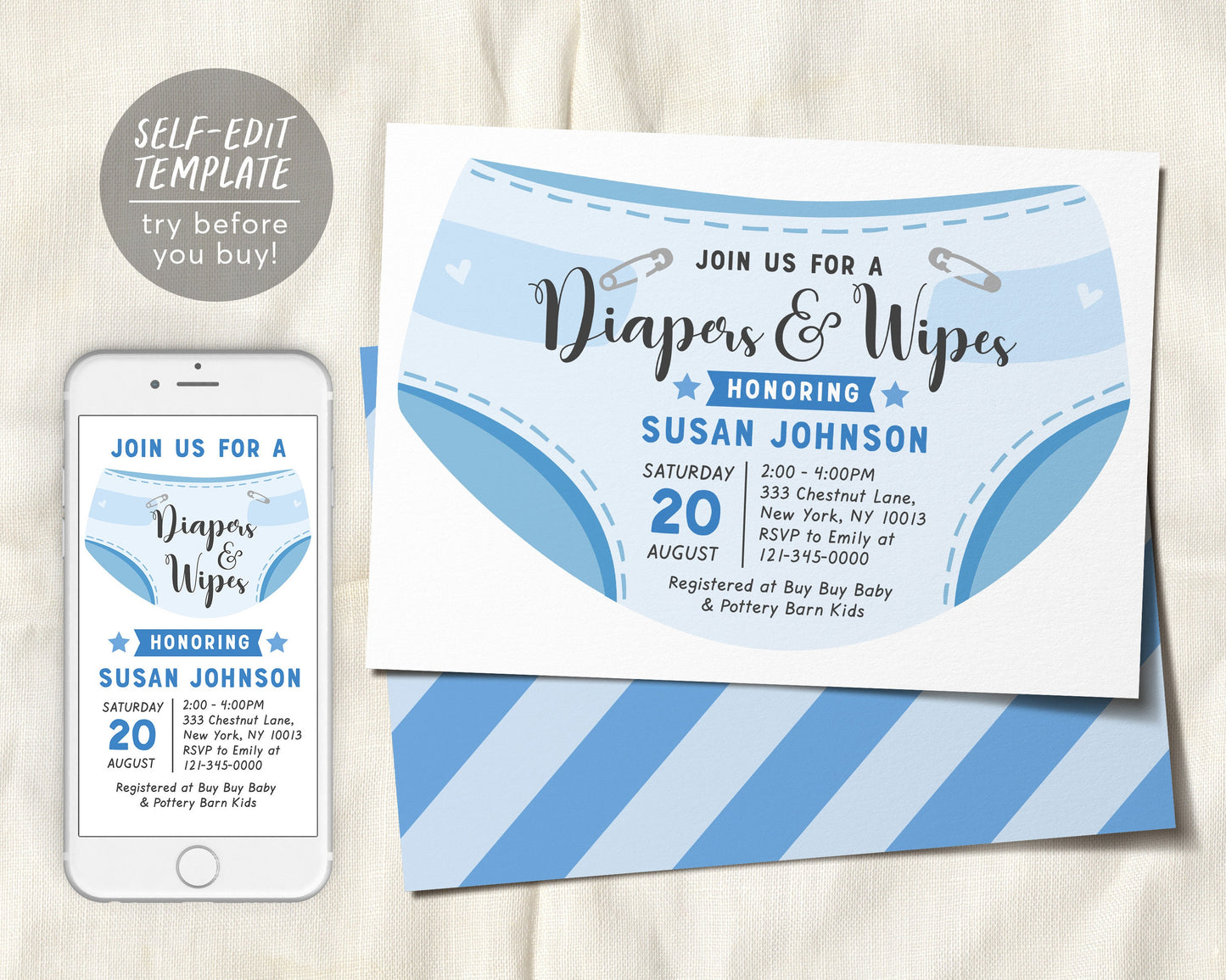 Editable Diaper and Wipes Baby Shower Invitation Template, Baby Boy Blue Baby Shower, Nappy, Baby Sprinkle Invite, It's A Boy