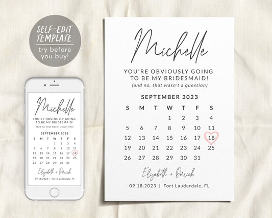 Bridesmaid Calendar Proposal Card Editable Template, Funny Maid Of Honor Proposal, Will You Be My Bridesmaid, Minimalist Save The Date