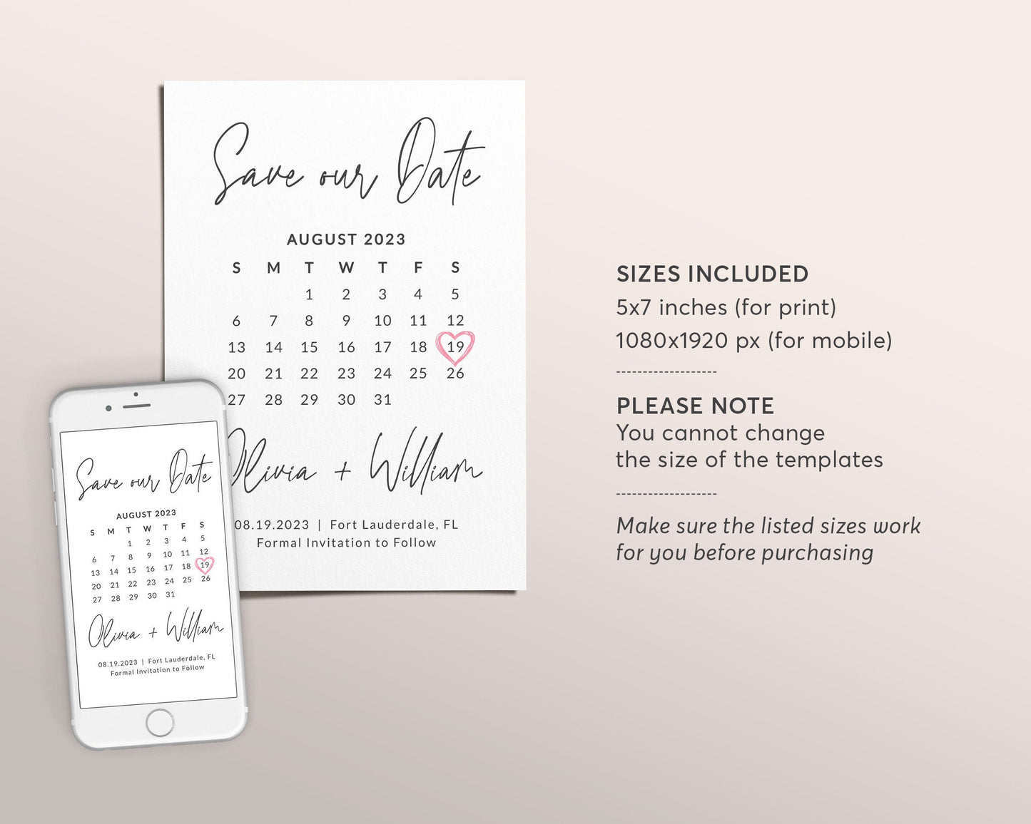 Calendar Save the Date Editable Template, Modern Simple Minimalistic Modern Invitation, Heart Marker Save Our Date Invite Printable