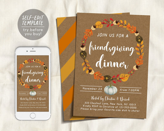 Friendsgiving Dinner Party Invitation Editable Template, Thanksgiving Potluck Evite Invite, Boho Kraft Rustic Fall Holiday Autumn Wreath