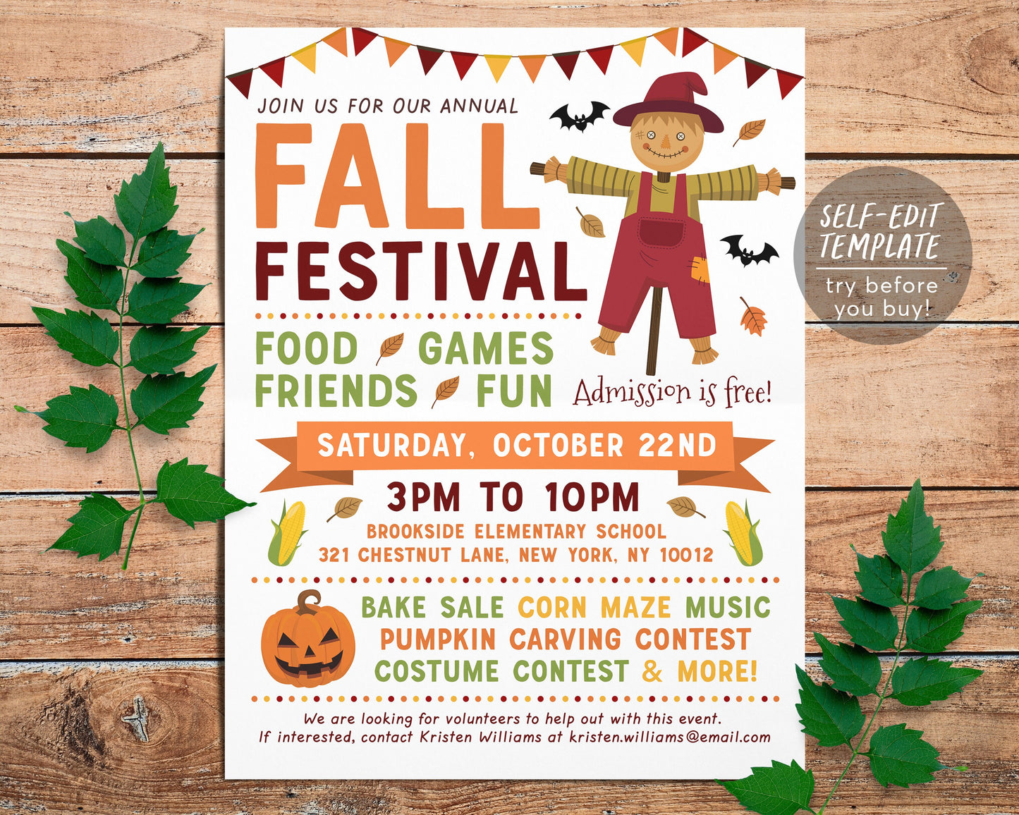 Fall Festival Harvest Flyer Editable Template, Halloween Party Invitation Poster Printable, Community Church School Fundraiser Event