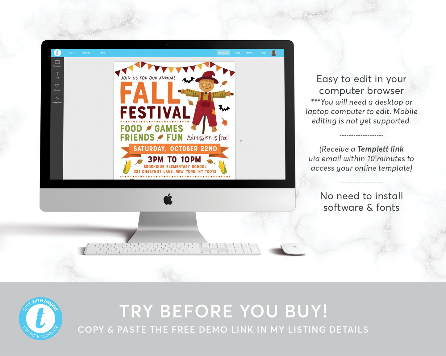 Fall Festival Harvest Flyer Editable Template, Halloween Party Invitation Poster Printable, Community Church School Fundraiser Event