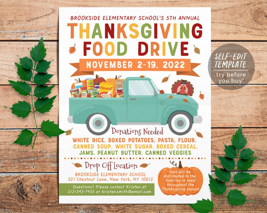 Fall Food Drive Flyer Invitation Editable Template, Thanksgiving Food Drive Poster, Food Bank Donation Church Charities, PTA PTO Printable