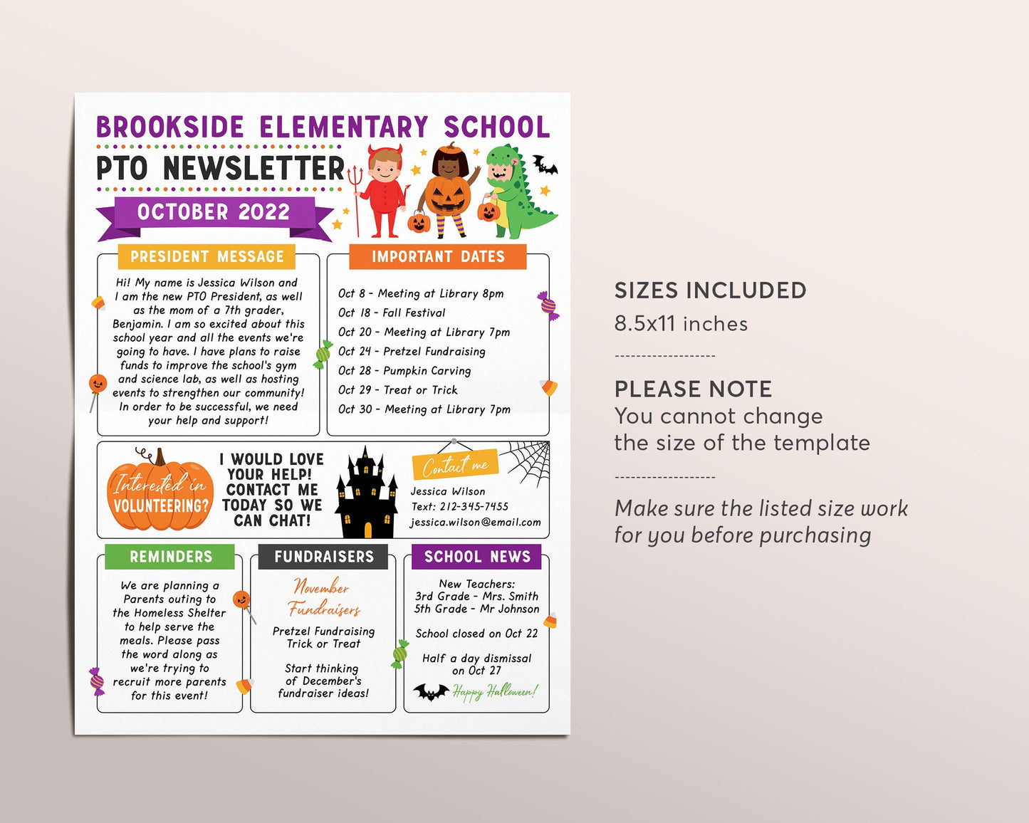 October PTO PTA Newsletter Flyer Editable Template, Back to School Calendar Meeting Agenda Printable Handout, Seasonal Year Classroom