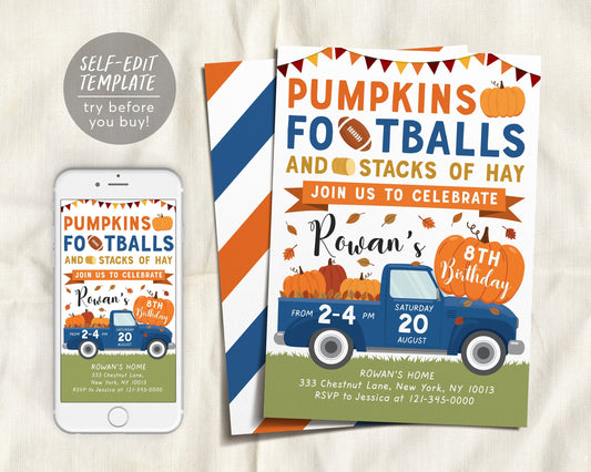 Fall Pumpkins And Footballs Truck Birthday Invitation Editable Template, Boy Blue Harvest Truck, Autumn Farm Tailgate Party Invite Elite