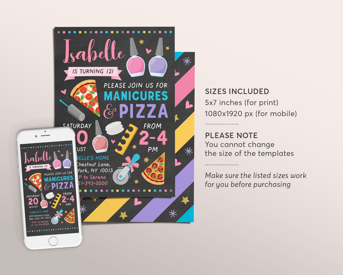 Manicures And Pizza Birthday Party Invitation Editable Template, Pedicures Mani Pedi Spa Day Chalkboard Invite, Girl Teen Tween Printable