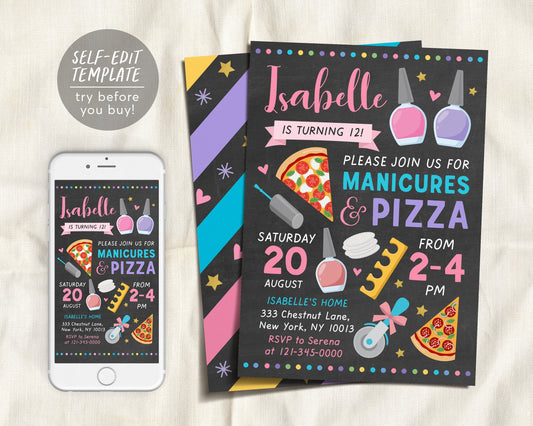 Manicures And Pizza Birthday Party Invitation Editable Template, Pedicures Mani Pedi Spa Day Chalkboard Invite, Girl Teen Tween Printable