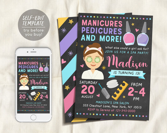 Spa Party Birthday Party Invitation Editable Template, Manicure Pedicures Mani Pedi Facial Spa Day Nail Salon Invite, Girl Tween Printable