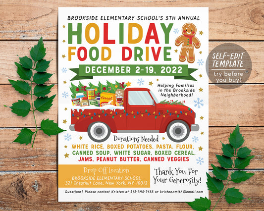 Holiday Food Drive Flyer Invitation Editable Template, Christmas Xmas Food Drive Poster, Nonprofit Charity Community Donation Event