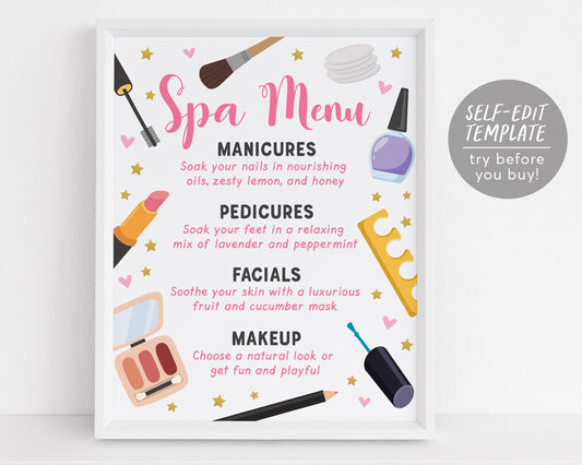 Editable Spa Menu Template, Tween Spa Birthday Party Decorations Decor, Makeup Pamper, Pedicure Manicure Glam Nail Salon Menu, Sleep Over