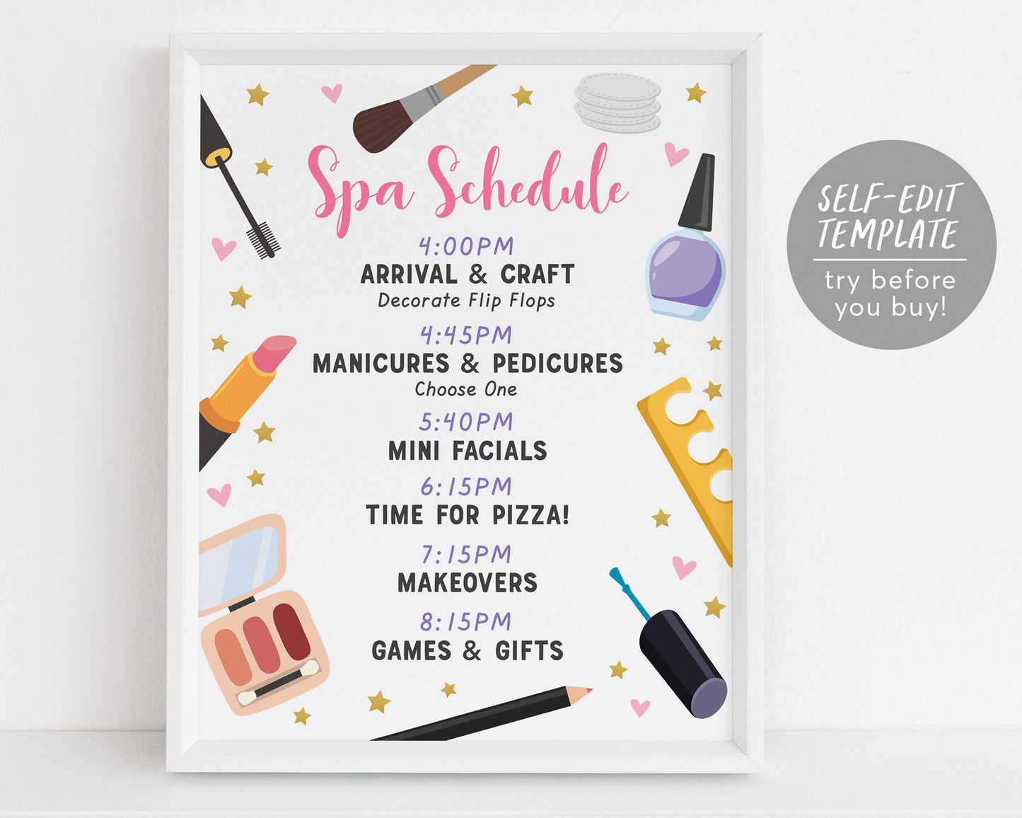 Spa Schedule Sign Editable Template, Spa Party Timeline, Tween Birthday Party Agenda Decorations Decor, Slumber Makeup Pamper Party