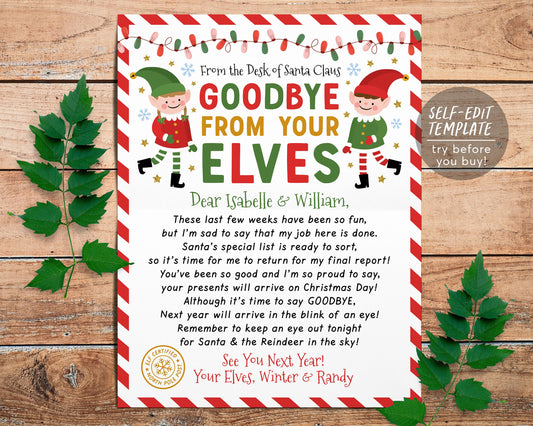 Goodbye Letter from Elves Editable Template, End of Christmas Farewell Elves Note, Choose Your Elf Girl or Boy