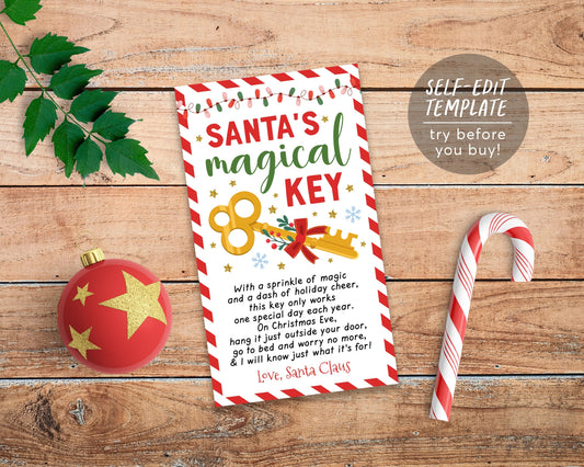 Santa's Magical Key Editable Template, Magic Key Tag No Chimney Christmas Eve Box Holiday Tradition Santa Key Tag Printable Instant Download