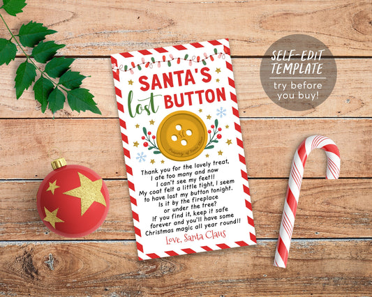 Santa's Lost Button Tag Editable Template, Christmas Lost Button Tag, Christmas Eve Tradition, Christmas Eve Box Tags Instant Download