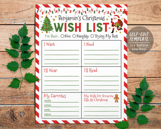 Christmas Wish List For Kids Editable Template, Personalized Holiday Wishlist Printable, Christmas Traditions Santa Activity Template