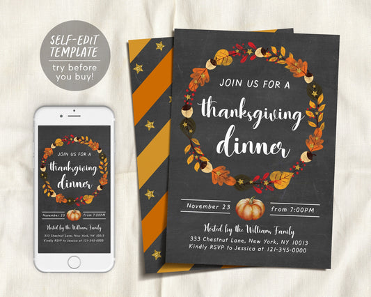 Thanksgiving Dinner Party Invitation Editable Template, Friendsgiving Holiday Party Evite Invite, Pumpkin Pie, Fall Autumn Wreath Potluck