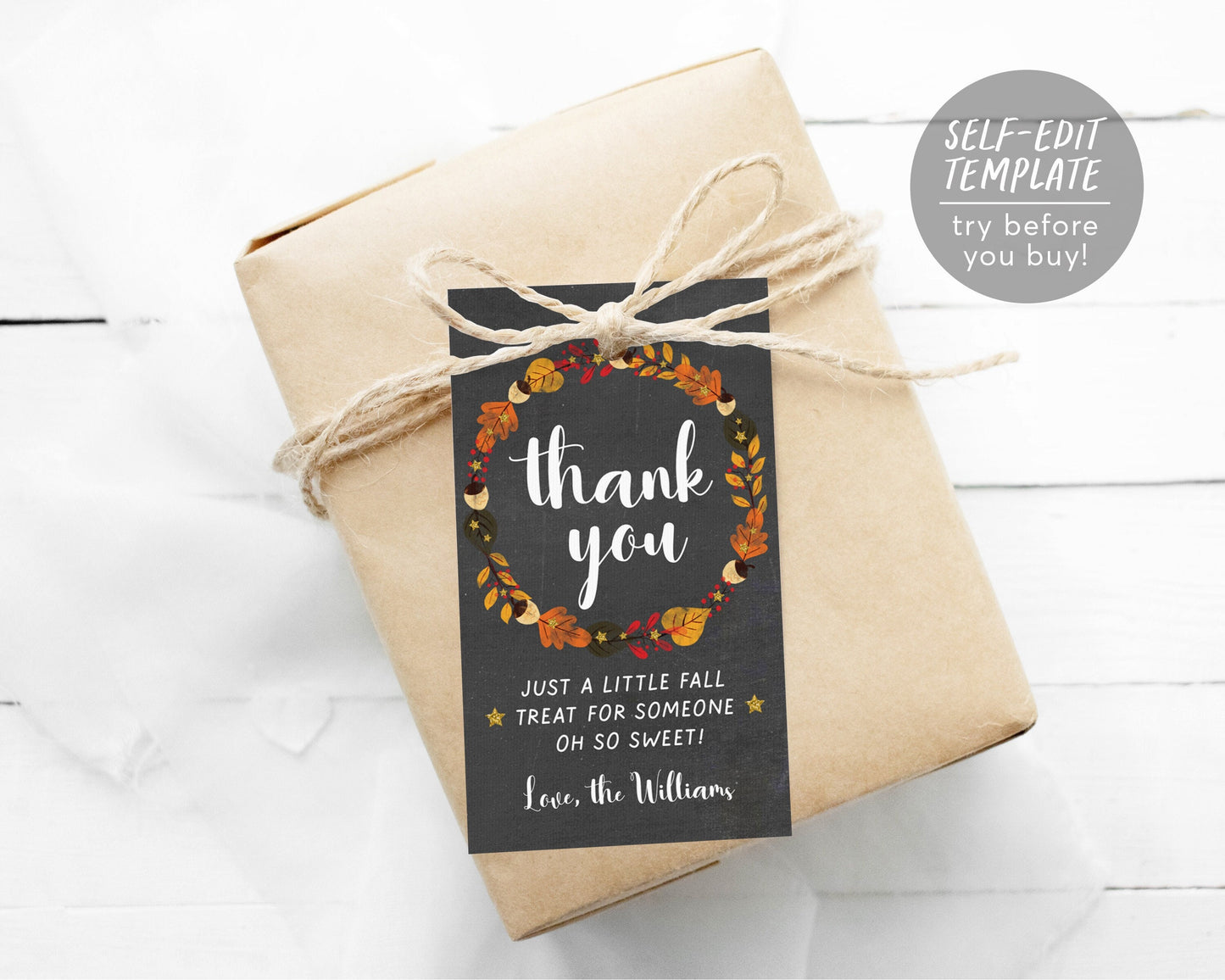Editable Thanksgiving Gift Tag Template, Grateful Teacher Nurse Appreciation Bakery Staff, Fall Autumn Chalkboard Rustic Wreath Thank You