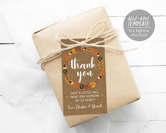 Editable Friendsgiving Thank You Gift Tag Template, Thanksgiving Teacher Nurse Appreciation Bakery Staff, Fall Autumn Kraft Rustic Wreath