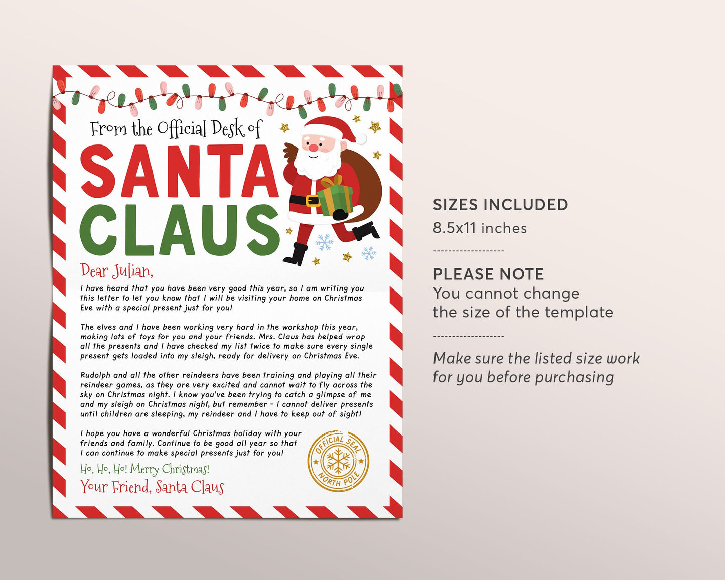 Letter from Santa Editable Template, Personalized DIY Official Letter Mailed From Santa Claus, Santa Mail Nice List, From The Desk Of Santa