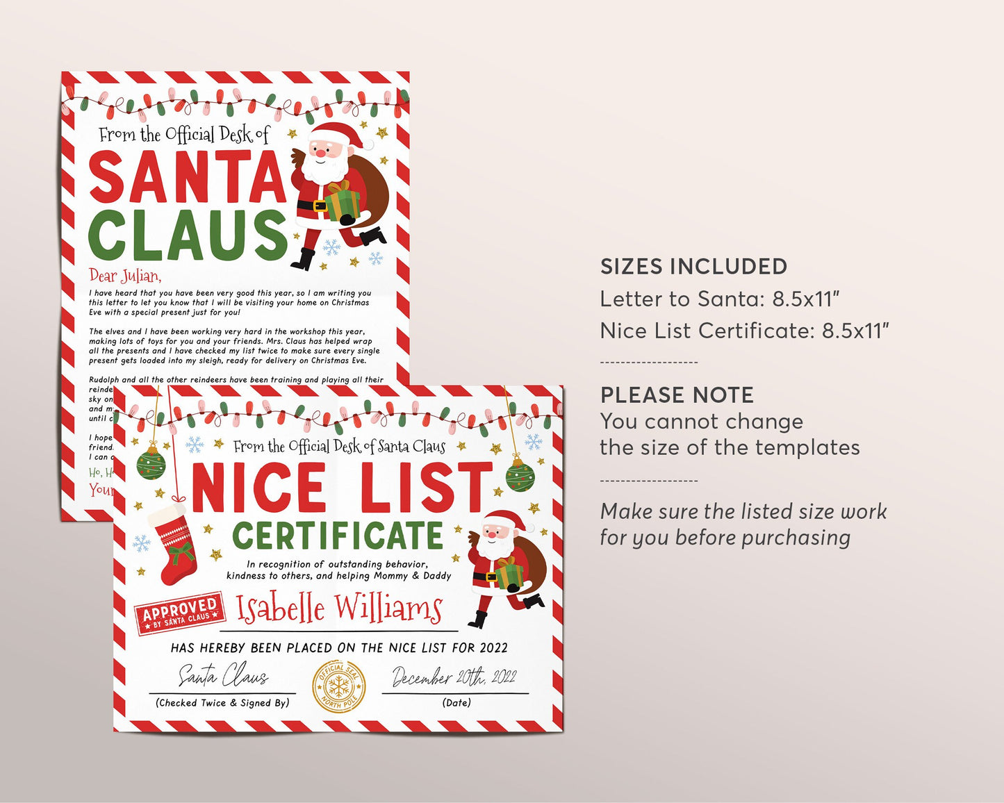 BUNDLE Approved Letter from Santa, Santa's Nice List Certificate Editable Template, Personalized Santa Letter Certificate Instant Download