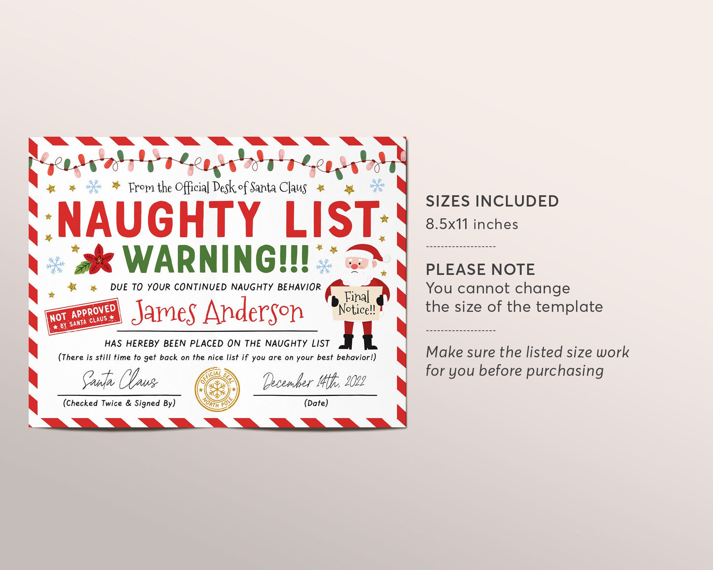 Santa's Naughty List Certificate Editable Template, Not Approved Naughty Warning Letter from Santa, Personalized Santa Letter Certificate