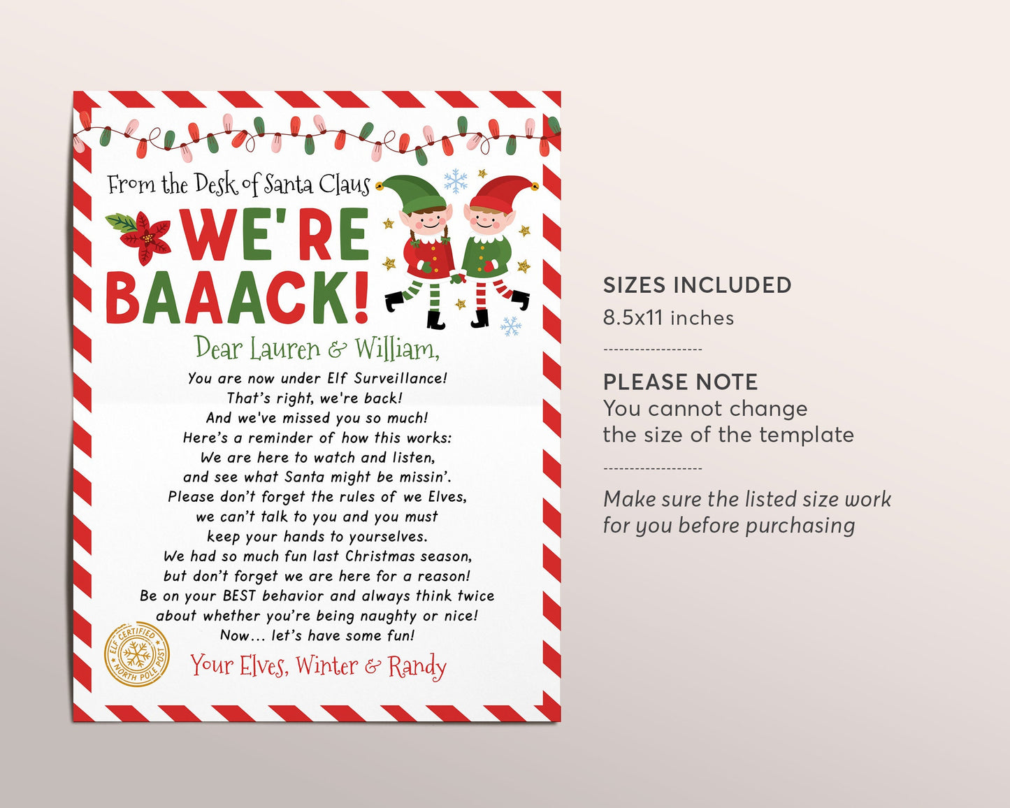 Hello Letter from Elves Editable Template, Christmas We're Back Elves Arrival Note, Elf Visiting Letter, Christmas  Welcome