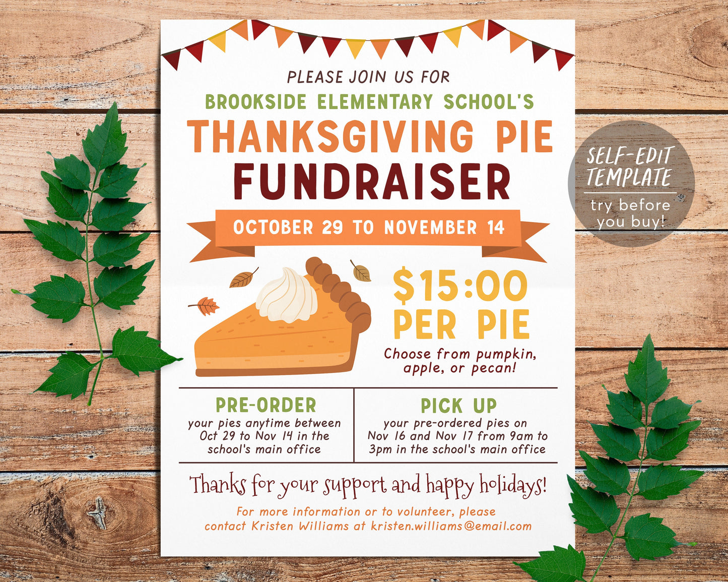 Thanksgiving Pie Fundraiser Flyer Editable Template, Fall Pumpkin Pie Invitation Bake Sale, School PTO PTA, Church Community Pie Drive